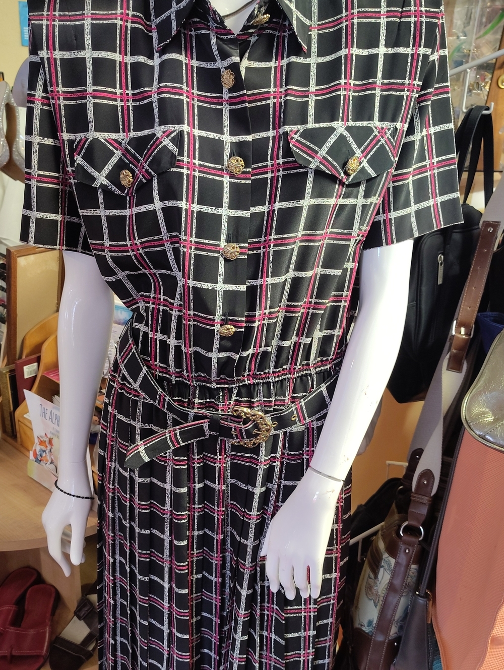 Leslie Fay Black Midi Shirt Dress with Pink and White Windowpane